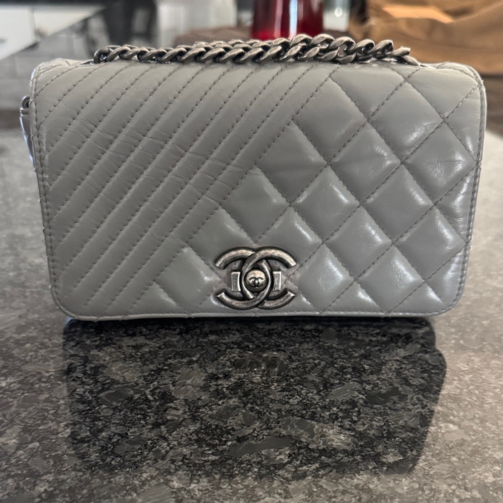 Chanel small Coco Boy Gray Quilted Leather Chain Crossbody bag